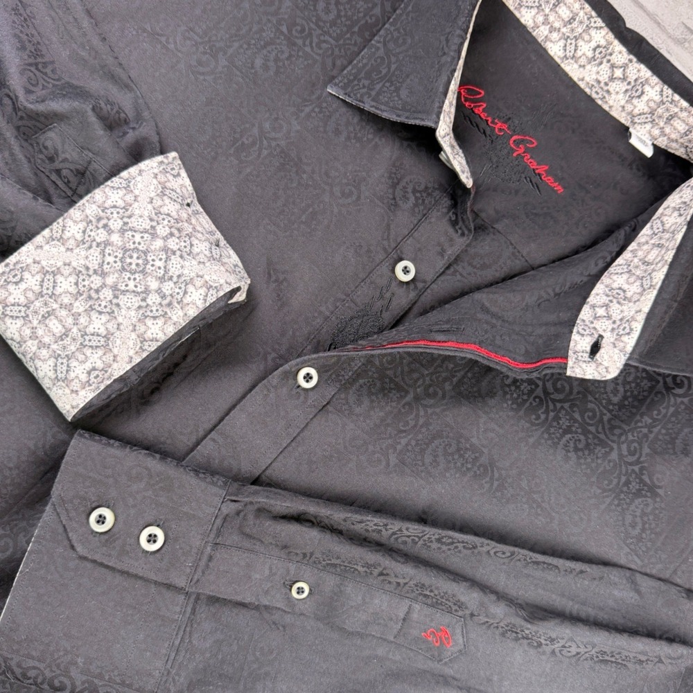 Robert Graham Flip Cuff Long Sleeve Mens 1XL Black Paisley Jacquard EUC